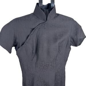 Vintage 70s Black Floral Jacquard Cheongsam Dress Minimalist Goth Petite XS